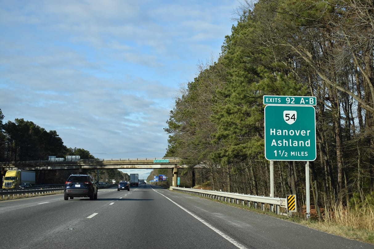 I-95 exit sign for Hanover and Ashland VA